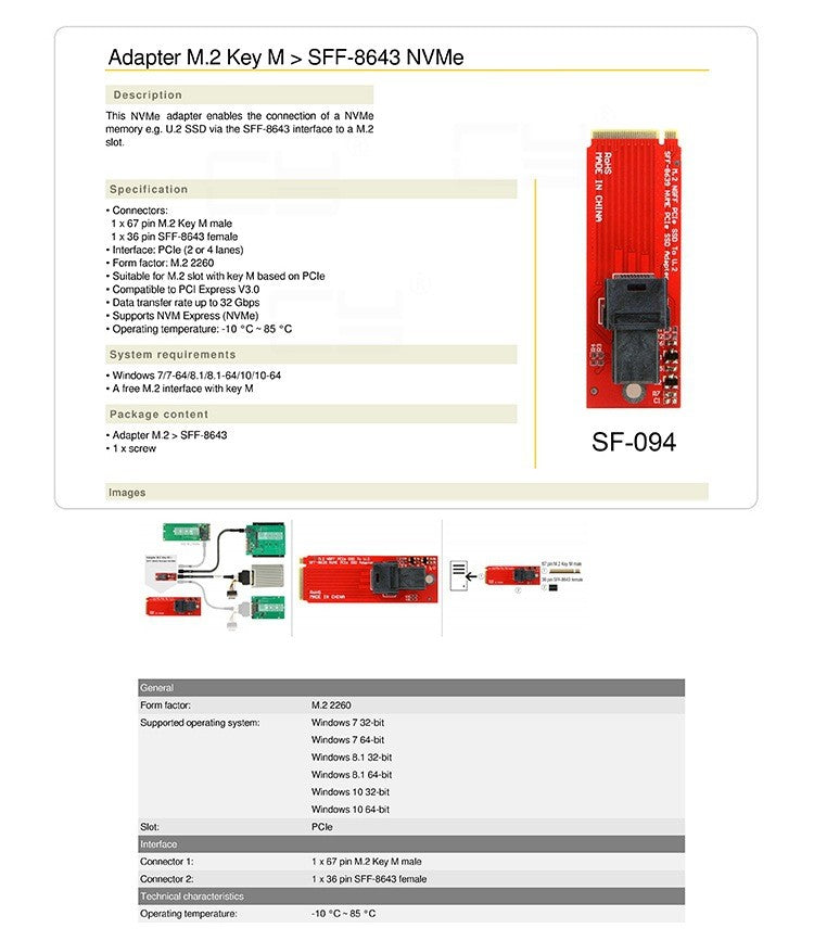 Xkuer M.2 Key M to U.2 NVMe SSD Adapter Card SFF-8643 to SFF-8639 Converter