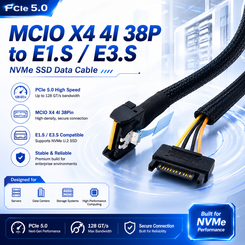 Xkuer PCIe 5.0 MCIO X4 4i 38Pin to E1.S/E3.S NVMe SSD Data Cable Gen5 High-Speed Server Storage Cable