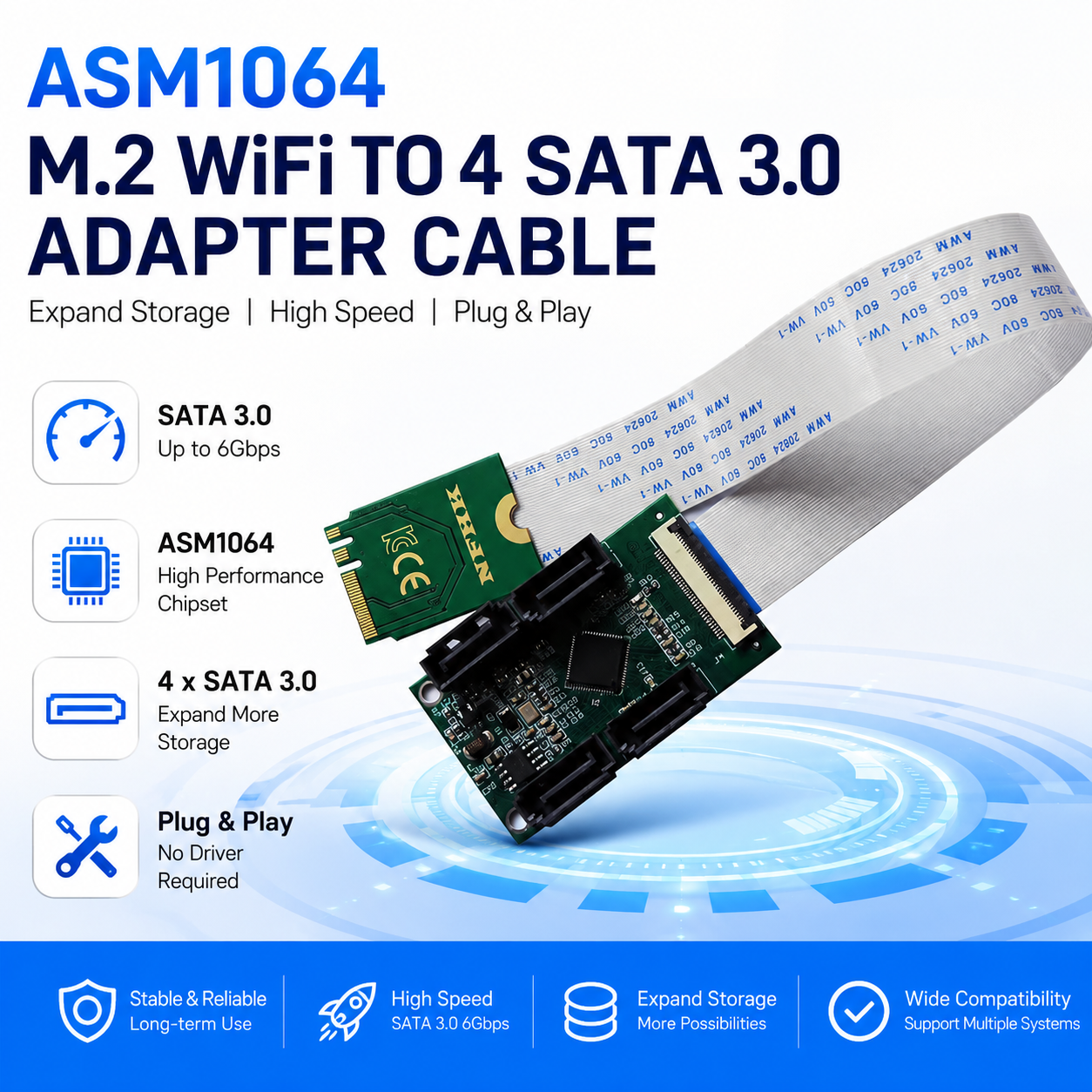 Xkuer M.2 NGFF A/E Key to 4-Port SATA 3.0 Converter ASM1064 Chipset | PCIe Only | 6Gbps