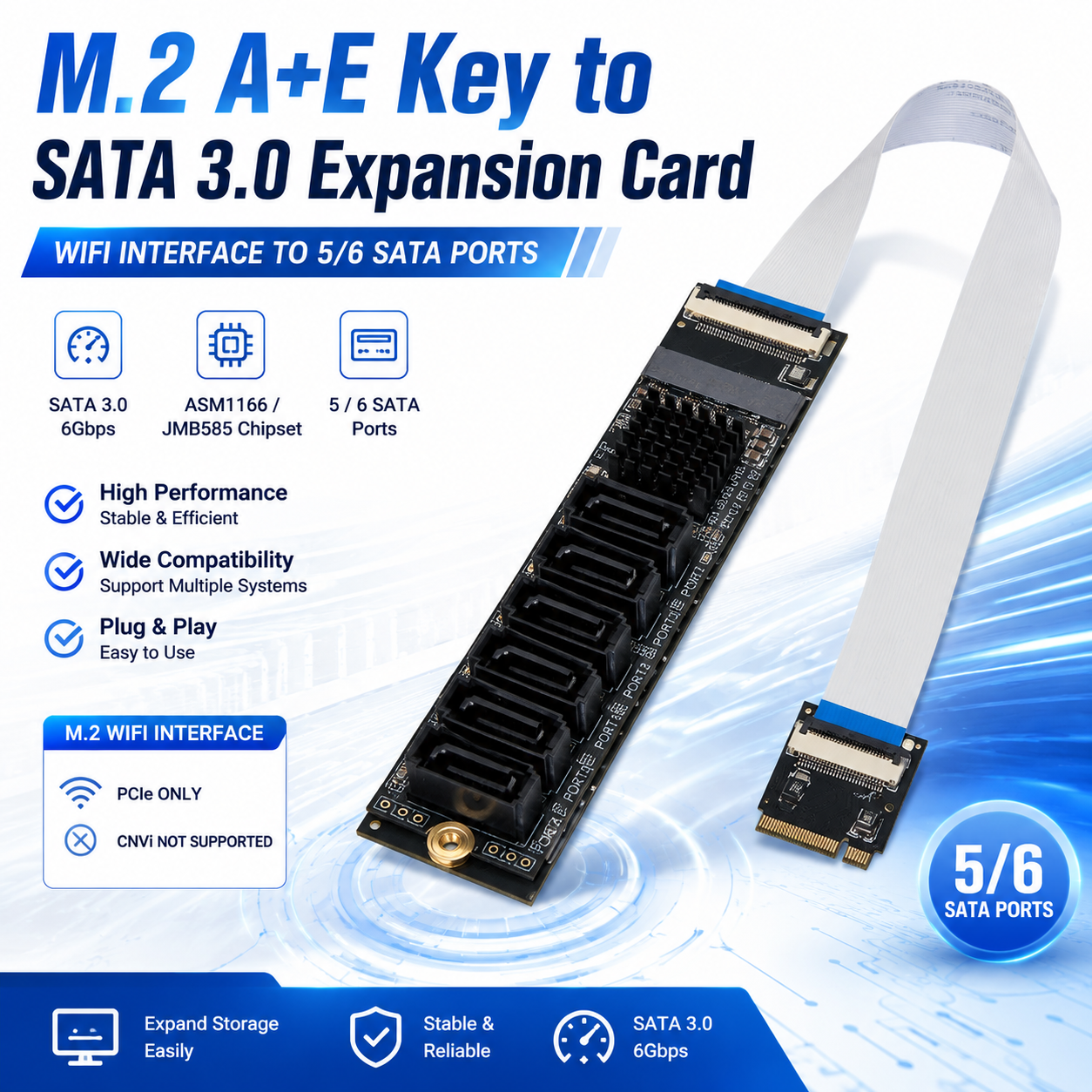 Xkuer M.2 A+E Key to SATA 3.0 Adapter 5/6 SATA Ports Expansion Card