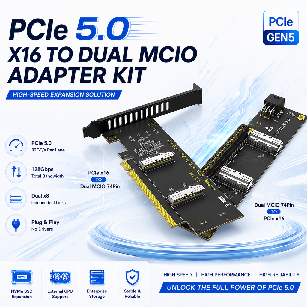 Xkuer PCIe 5.0 x16 to Dual MCIO 74-Pin Adapter Board 128Gbps Ultra-Fast Expansion Solution