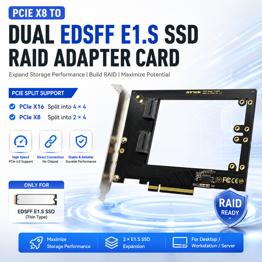 Xkuer PCIe X8 to Dual EDSFF E1.S SSD Adapter Card PCIe Bifurcation RAID Expansion Board for Desktop & Server
