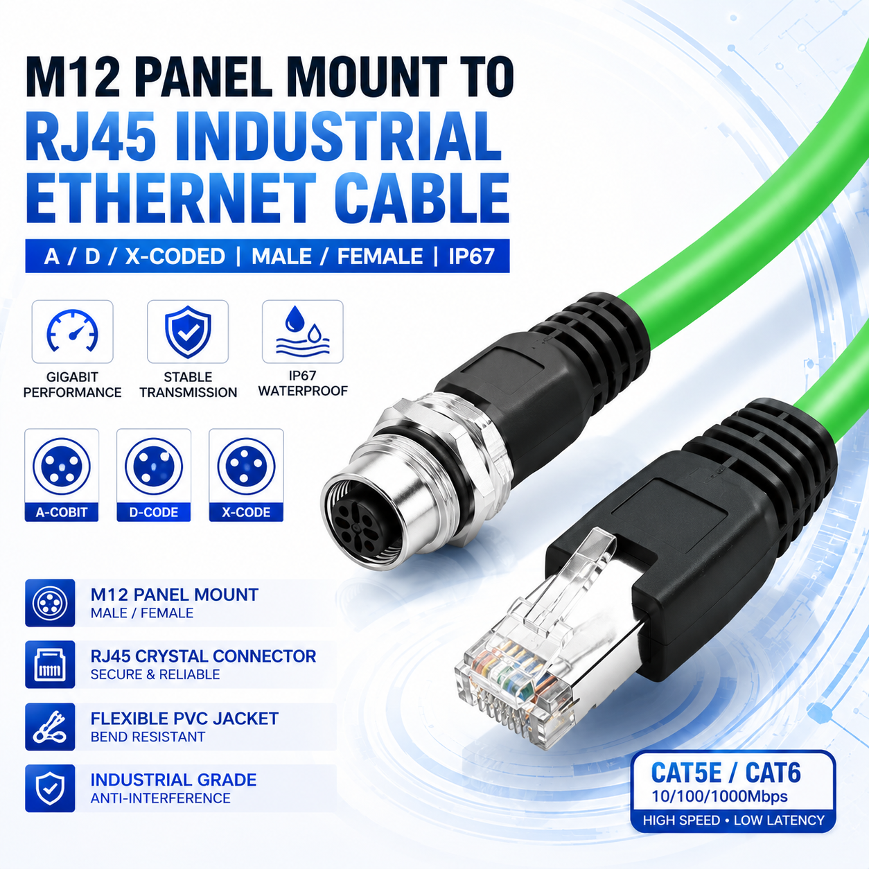 Xkuer M12 to RJ45 4Pin / 8Pin A-D-X Coded Industrial Ethernet Cable  | IP67 Waterproof