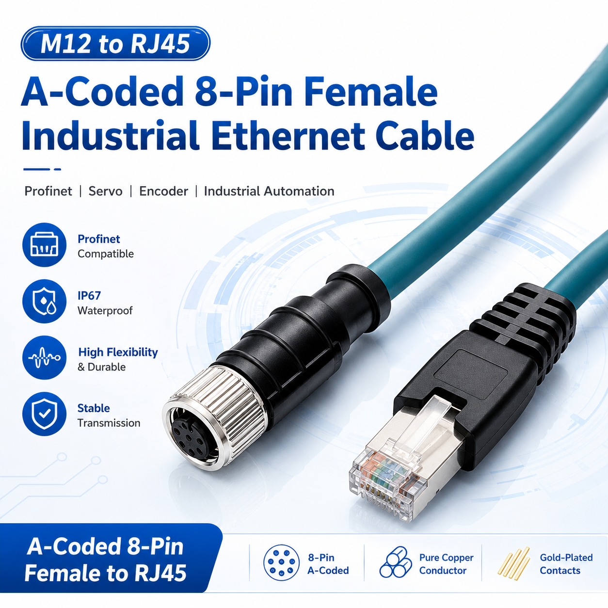 Xkuer M12 8-Pin A-Coded Female to RJ45 Industrial Ethernet Cable Profinet Servo Encoder Communication Cable IP67 Waterproof High Flexibility