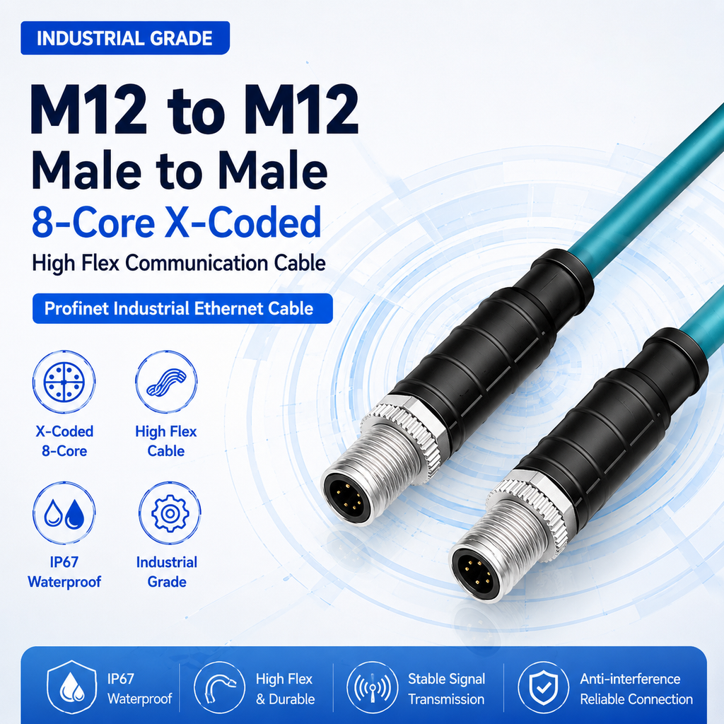 Xkuer M12 to M12 Male to Male X-Coded 8-Pin High Flex Profinet Ethernet Cable Industrial Communication Network Cable IP67