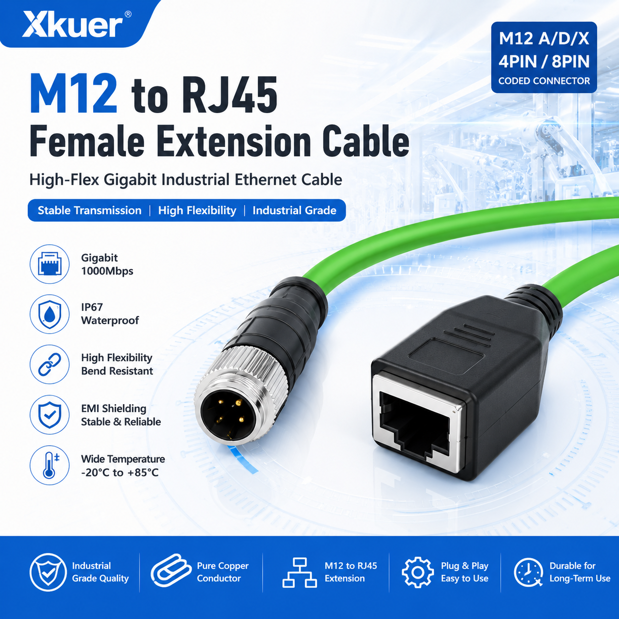 Xkuer M12 to RJ45 Female Gigabit Ethernet Extension Cable 4Pin 8Pin A/D/X-Coded Industrial Network Connector High Flex Flexible Shielded Cable
