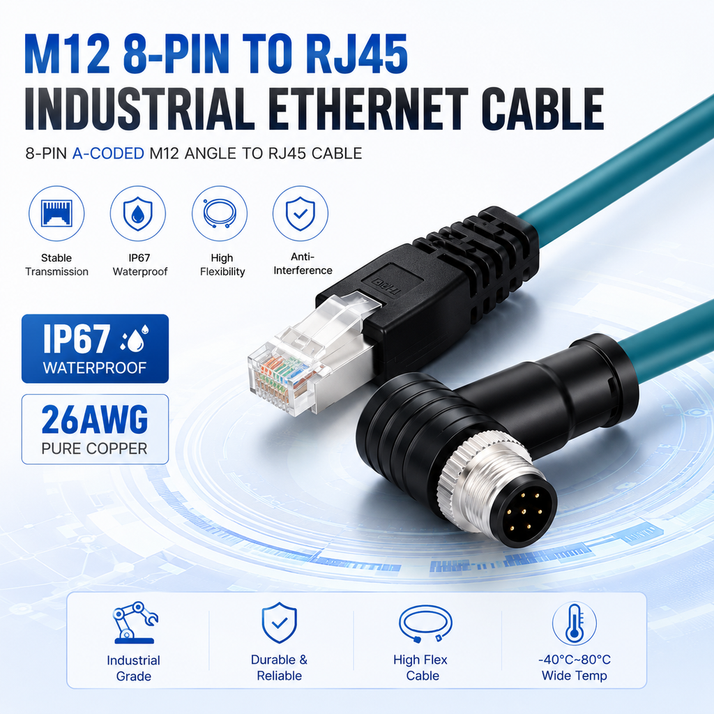 Xkuer M12 to RJ45 Industrial Ethernet Cable 8-Pin A-Coded Right Angle High Flex Cable for Cognex Camera Sensor