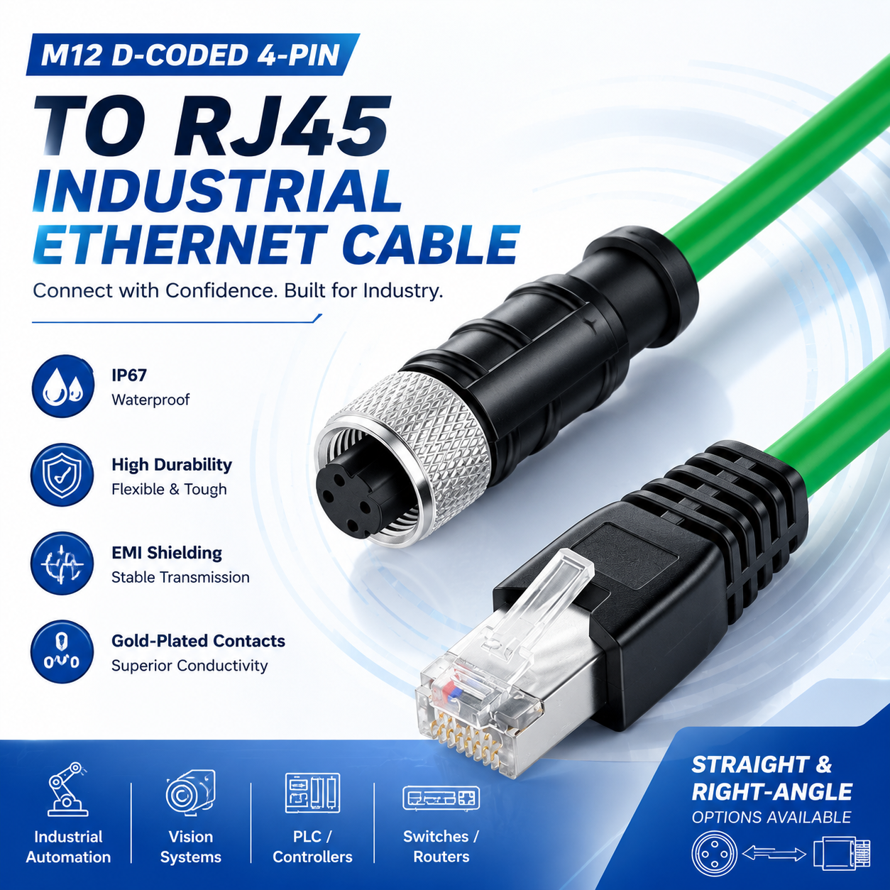 Xkuer M12 D-Coded 4-Pin Female to RJ45 Industrial Ethernet Cable for Cognex Vision Sensor | IP67 Waterproof High Flex Industrial Network Cable