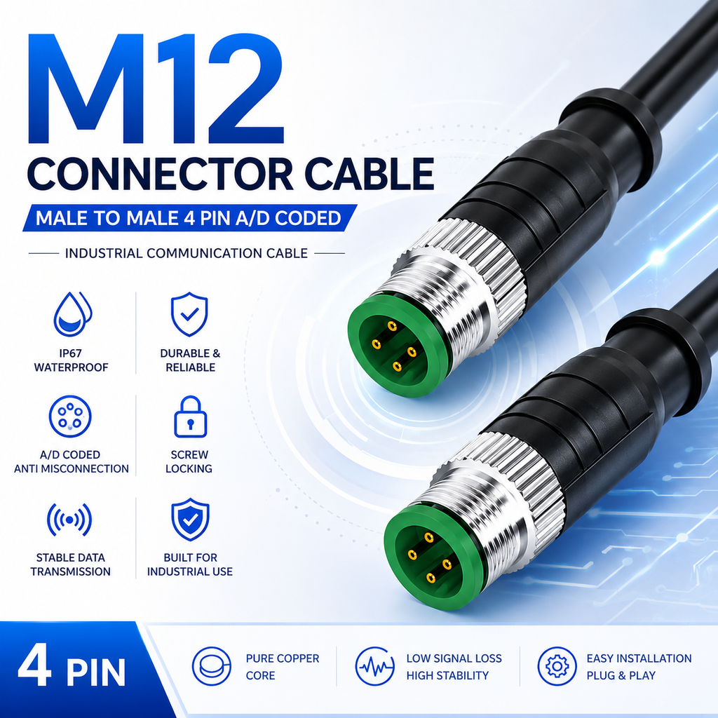 Xkuer M12 Male to Male 4 Pin A/D-Coded Industrial Communication Cable Encoder Connector Cable IP67 Waterproof