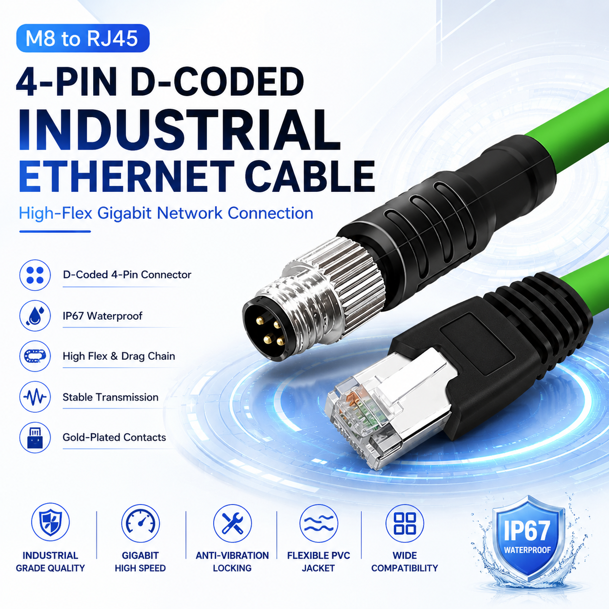 Xkuer M8 A-Coded 4 Pin 8 Pin Male Female to RJ45 Industrial Ethernet Cable High Flex Sensor Communication Cable