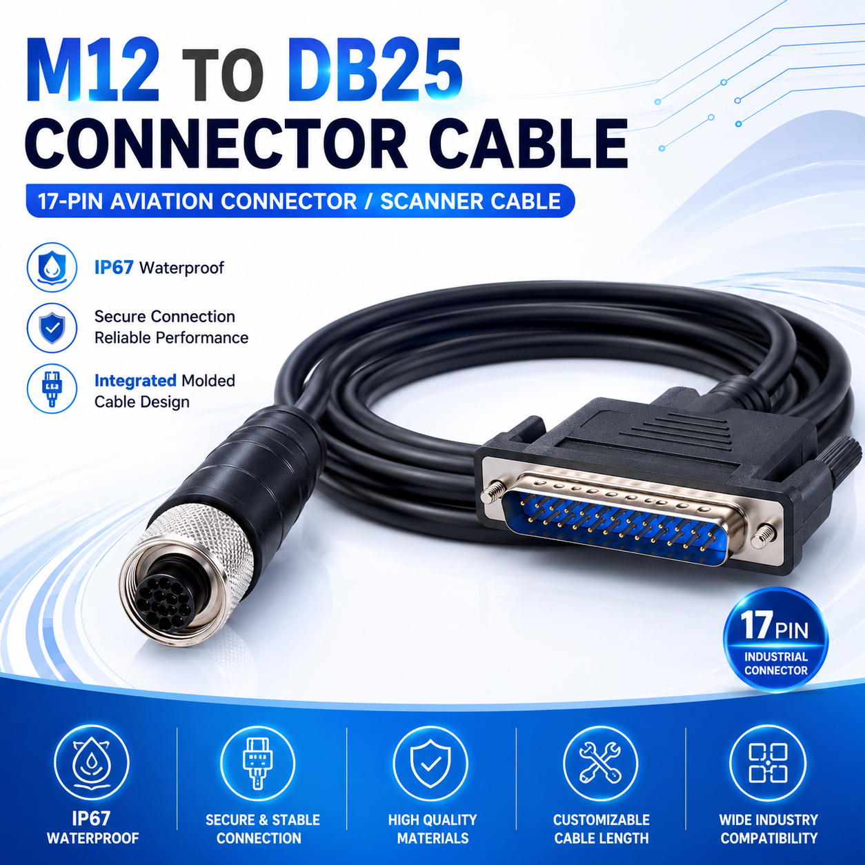 Xkuer M12 17-Pin to DB25 Scanner Cable Industrial Aviation Connector Reading Head Cable IP67 Waterproof Custom Length