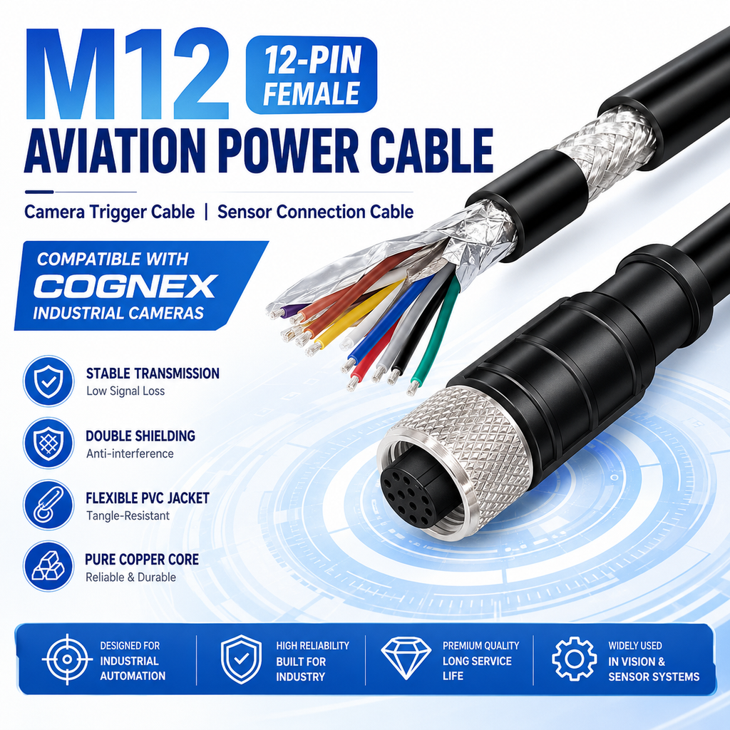 Xkuer M12 12-Pin Female Power Cable Camera Trigger Cable Sensor Connection Wire Compatible with Cognex Industrial Vision Cameras