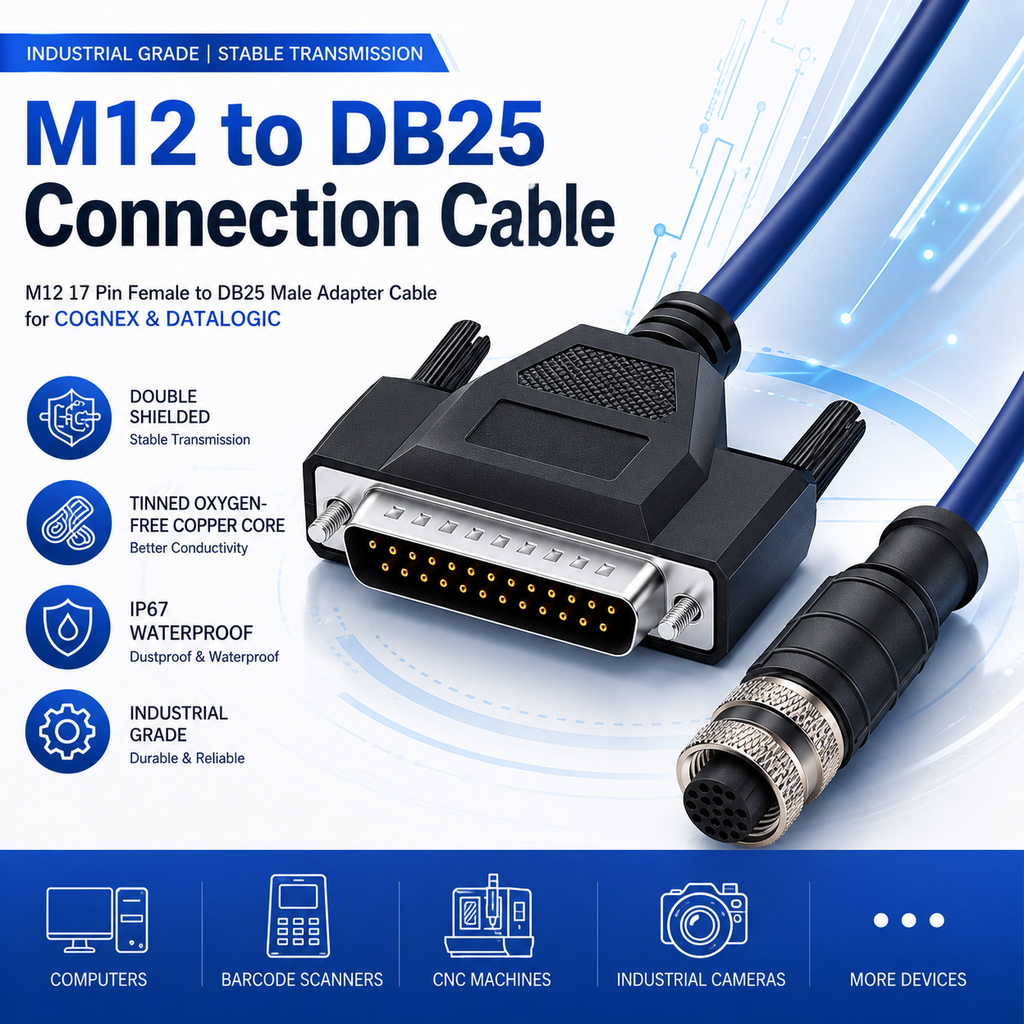 Xkuer M12 to DB25 17-Pin Aviation Connector Cable Barcode Scanner Data Cable DB9 Adapter Industrial Camera Sensor Cable