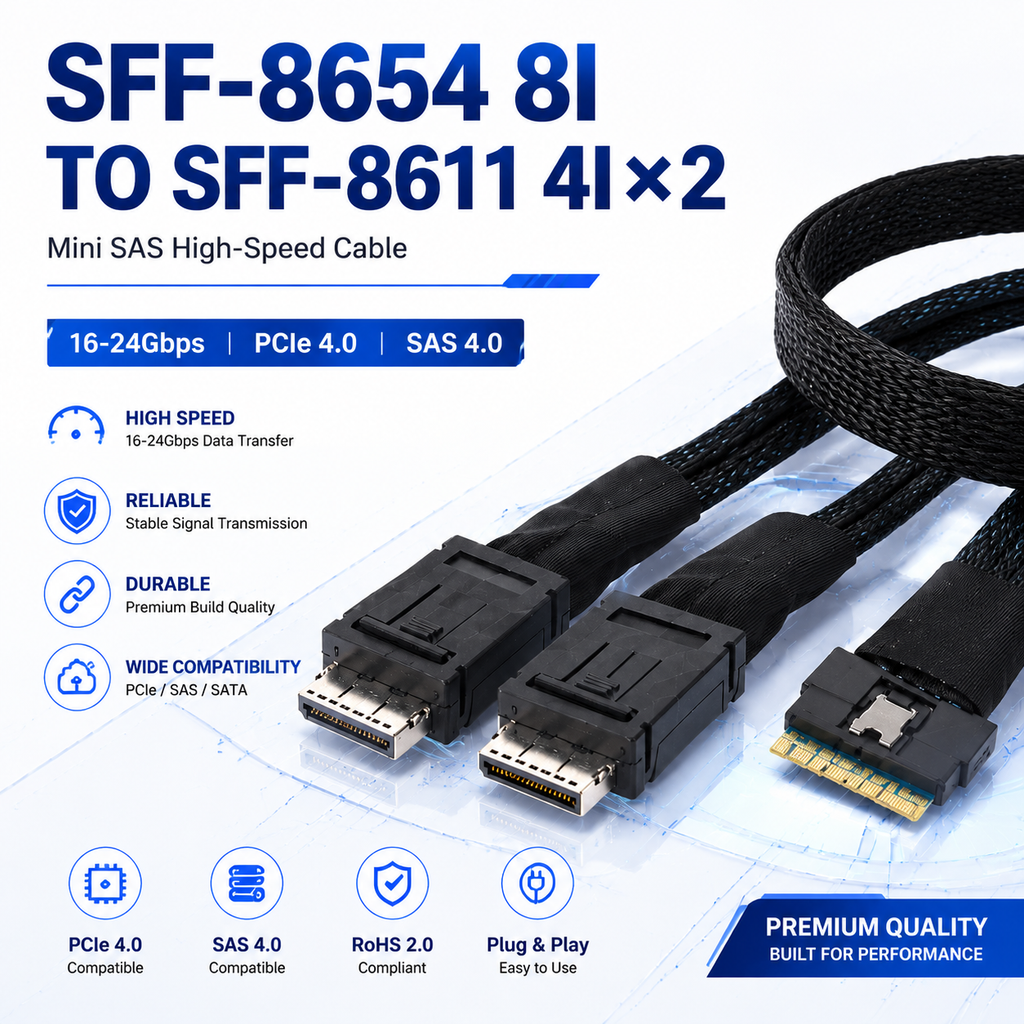 Xkuer SFF-8654 8I TO SFF-8611 4I×2  Mini SAS High-Speed Cable | 16-24Gbps | PCIe 4.0 | SAS 4.0