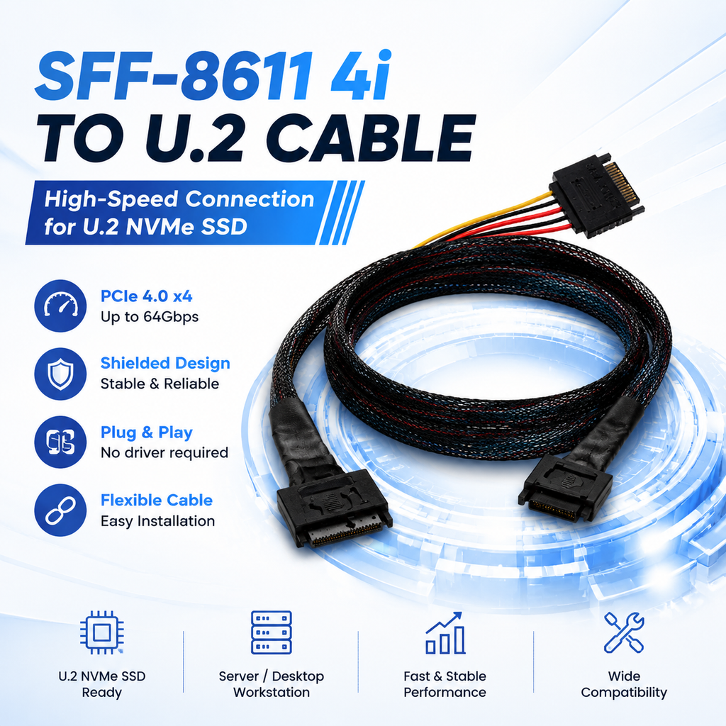 Xkuer SFF-8611 4i to U.2 NVMe Cable – High-Speed PCIe 4.0 x4 Connection