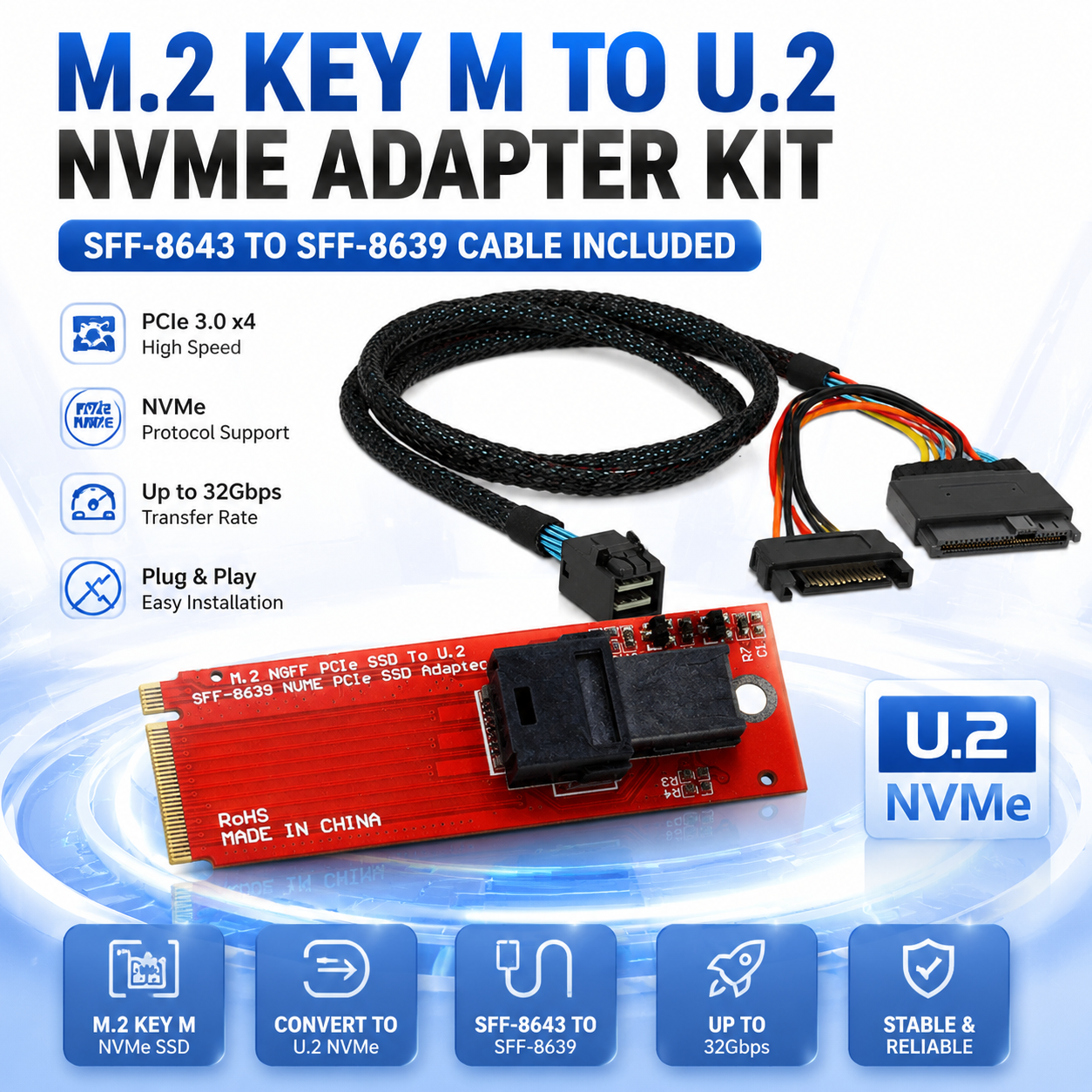 Xkuer M.2 Key M to U.2 NVMe SSD Adapter Card SFF-8643 to SFF-8639 Converter