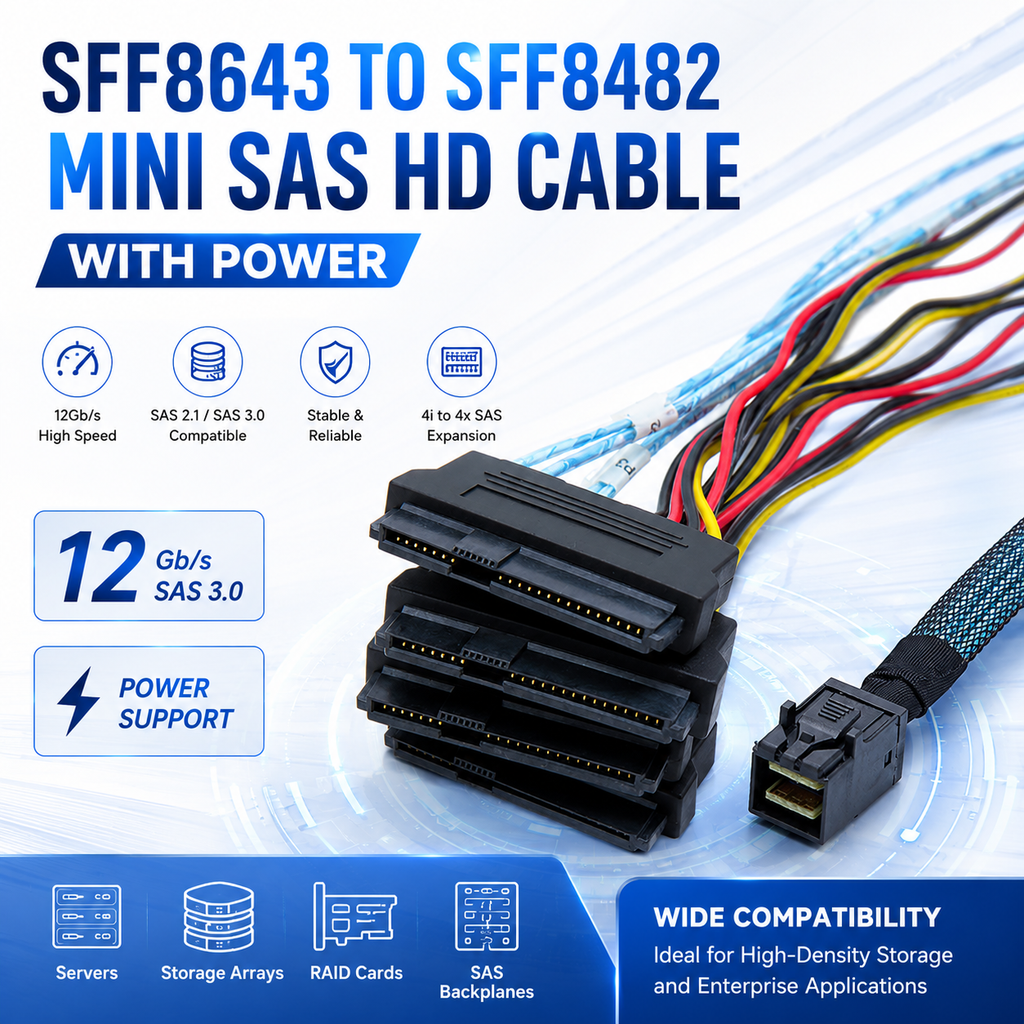 Xkuer High-Speed SFF8643 to SFF8482 SAS Cable – Power Support, Stable & Compatible for Storage Expansion