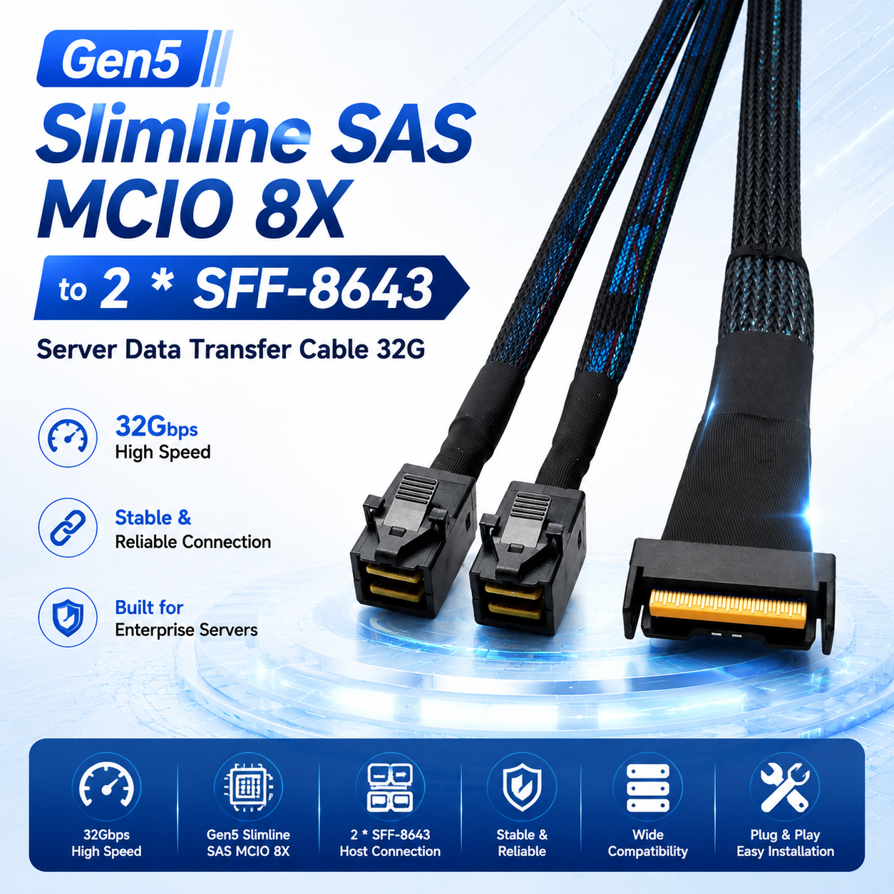 Xkuer Gen5 Slimline SAS MCIO 8X to 2 × SFF-8643 Server Data Transfer Cable 32G – Ultra-Fast, Reliable, Enterprise-Ready