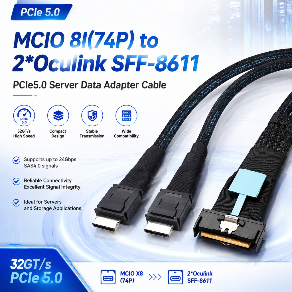 Xkuer MCIO 8I (74P) to 2× Oculink SFF-8611 PCIe 5.0 Server Data Adapter Cable – Ultra-Fast, Reliable & High-Performance