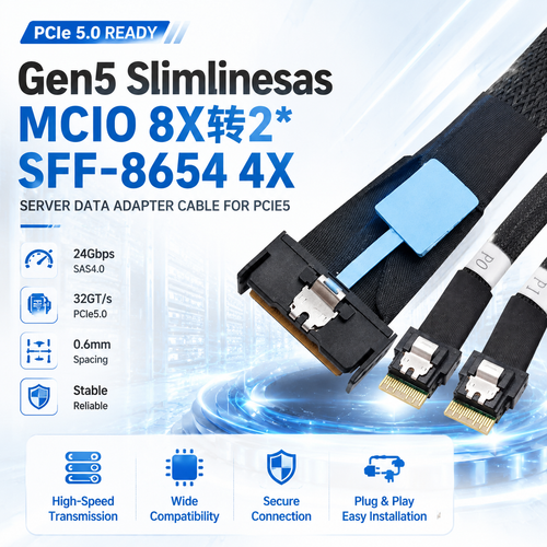 Xkuer Gen5 Slimline SAS MCIO 8X to 2× SFF-8654 4X – High-Speed PCIe5 Server Data Adapter Cable