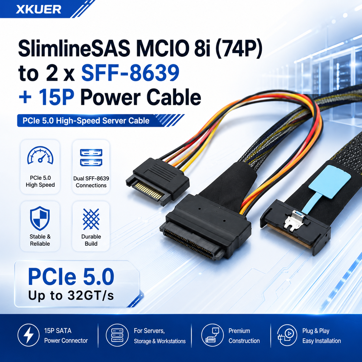 Xkuer PCIe 5.0 SlimlineSAS MCIO 8i (74P) to Dual SFF-8639 U.2 NVMe Cable