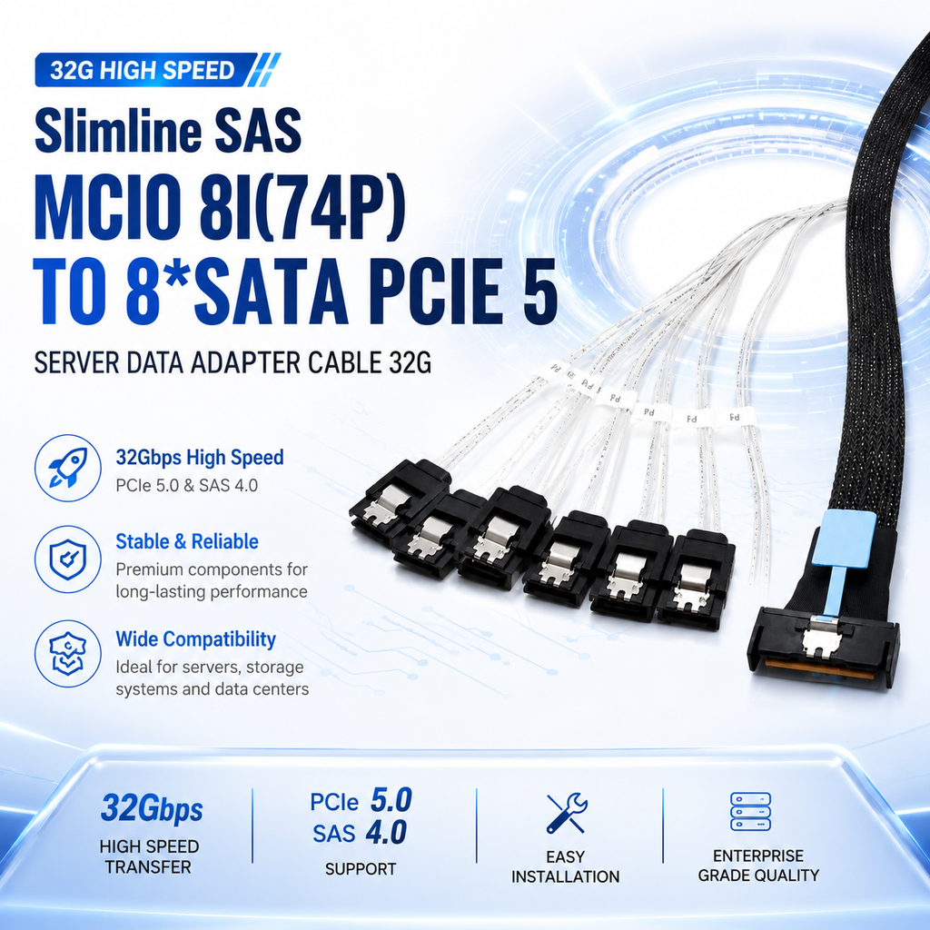 Xkuer MCIO 8I (74P) TO 8× SATA PCIe 5.0 | 32Gbps High-Speed Data Transfer