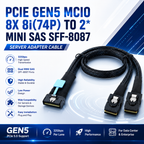 Xkuer PCIe Gen5 MCIO 8X 8i (74P) to Dual Mini SAS SFF-8087 Server Adapter Cable | 32Gbps High-Speed Data Transfer