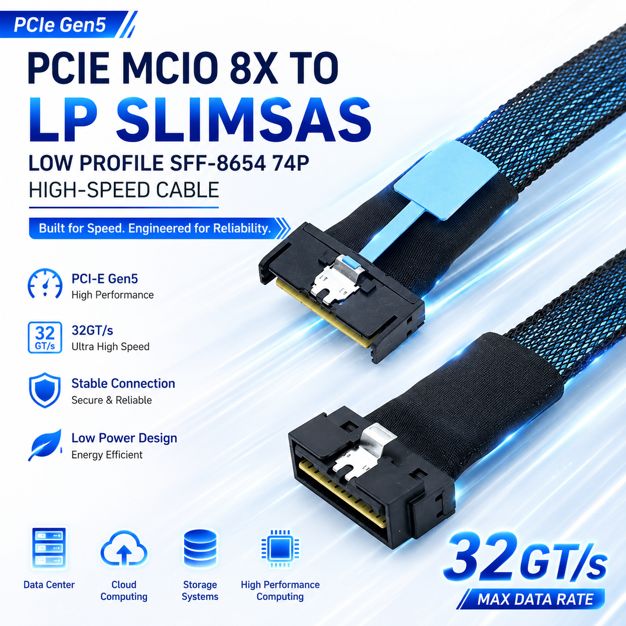 Xkuer PCIe Gen5 MCIO 8X to LP SlimSAS SFF-8654 74P High-Speed Server Cable 32GT/s Ultra-Fast Data Transfer | Enterprise Storage & AI Server Ready