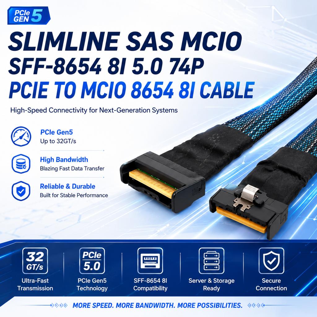 Xkuer PCIe Gen5 MCIO 8I to SFF-8654 8I Cable 74P High-Speed Server Interconnect