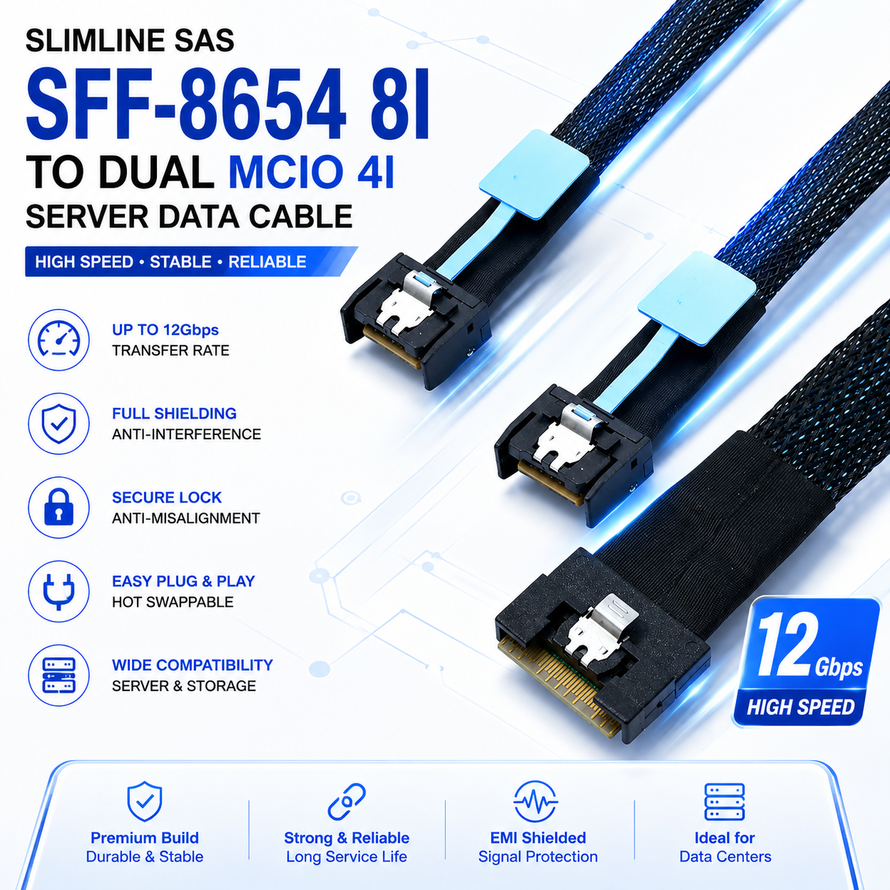Xkuer SFF-8654 8i to Dual MCIO 4i Internal Server Cable High-Speed Data Transfer Solution