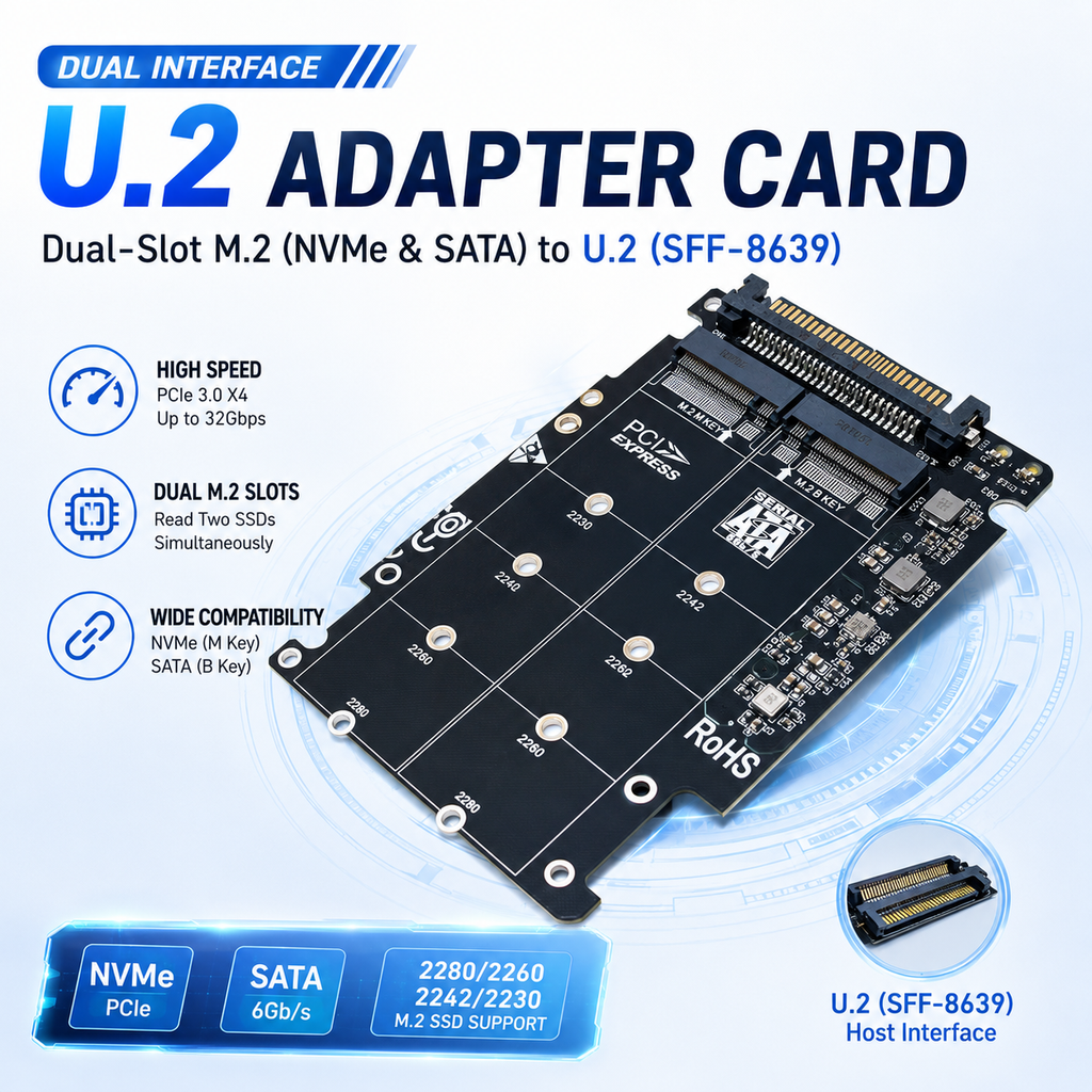Xkuer Dual M.2 NVMe & SATA SSD to U.2 (SFF-8639) Adapter Card | B Key & M Key NGFF Converter