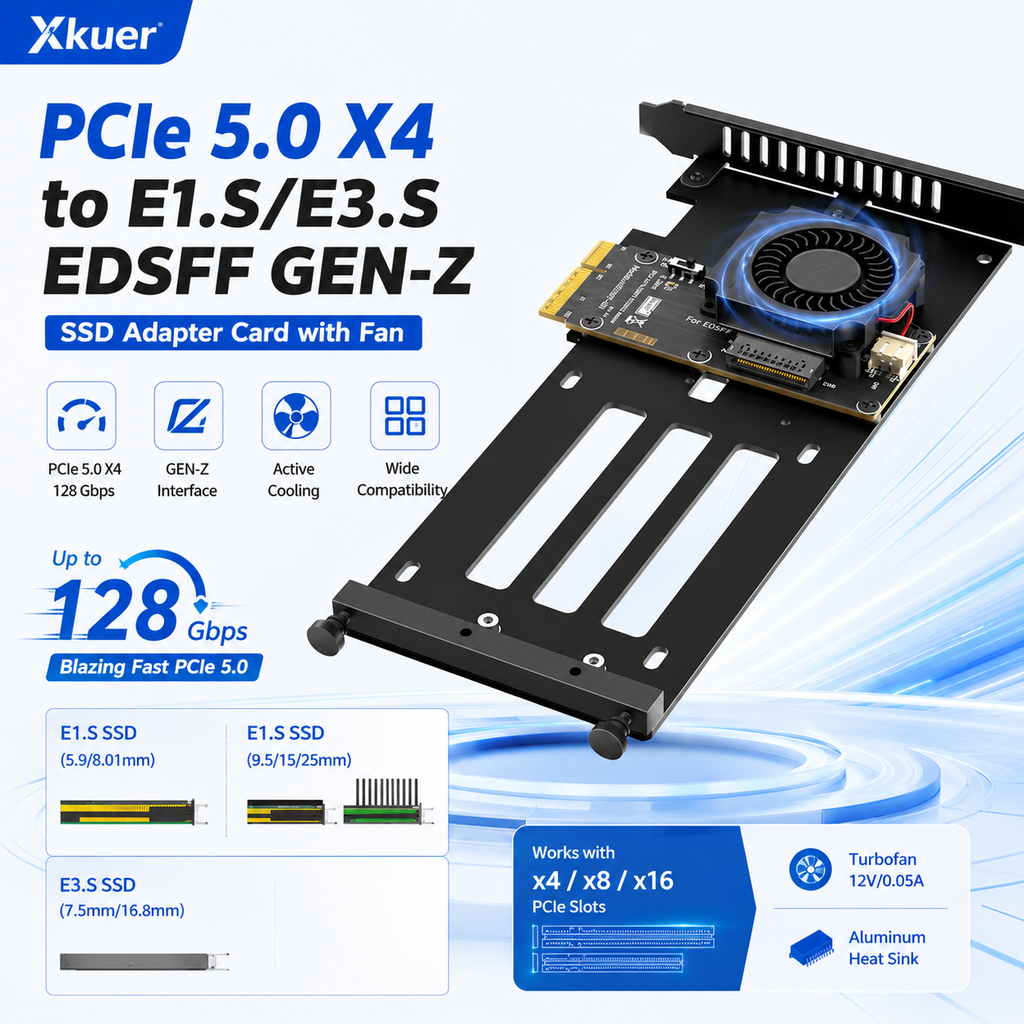 Xkuer PCIe 5.0 X4 to E1.S / E3.S EDSFF GEN-Z SSD Adapter Card with Cooling Fan