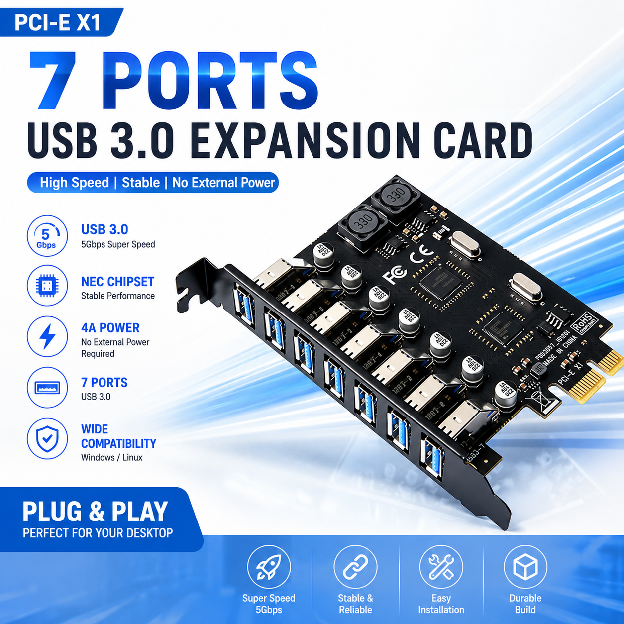Xkuer PCIe X1 to 7-Port USB 3.0 Expansion Card 5Gbps High-Speed Transfer | NEC Controller