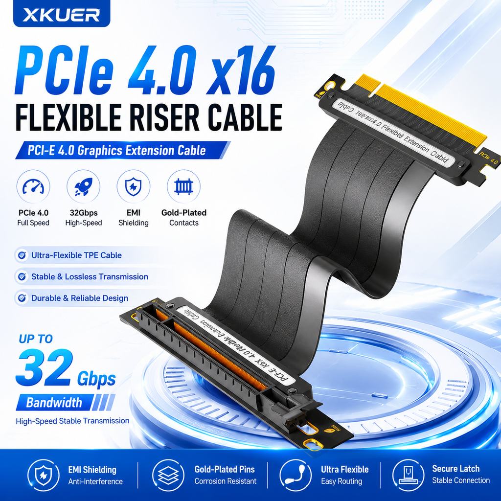 Xkuer PCIe 4.0 x16 Flexible Riser Cable 32Gbps GPU Graphics Card Extension Cable EMI Shielded Gold-Plated PCI-E Gen4 Extender
