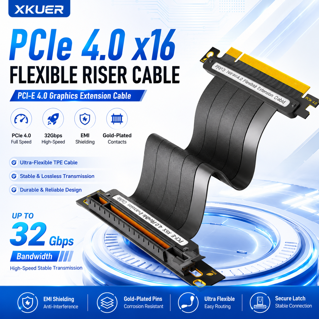Xkuer PCIe 4.0 x16 Flexible Riser Cable 32Gbps GPU Graphics Card Extension Cable EMI Shielded Gold-Plated PCI-E Gen4 Extender