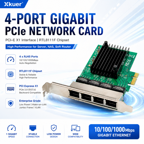 Xkuer 4-Port Gigabit PCIe Network Card RTL8111F Chipset | PCI-E X1 Server LAN Adapter for Soft Router & Network Aggregation