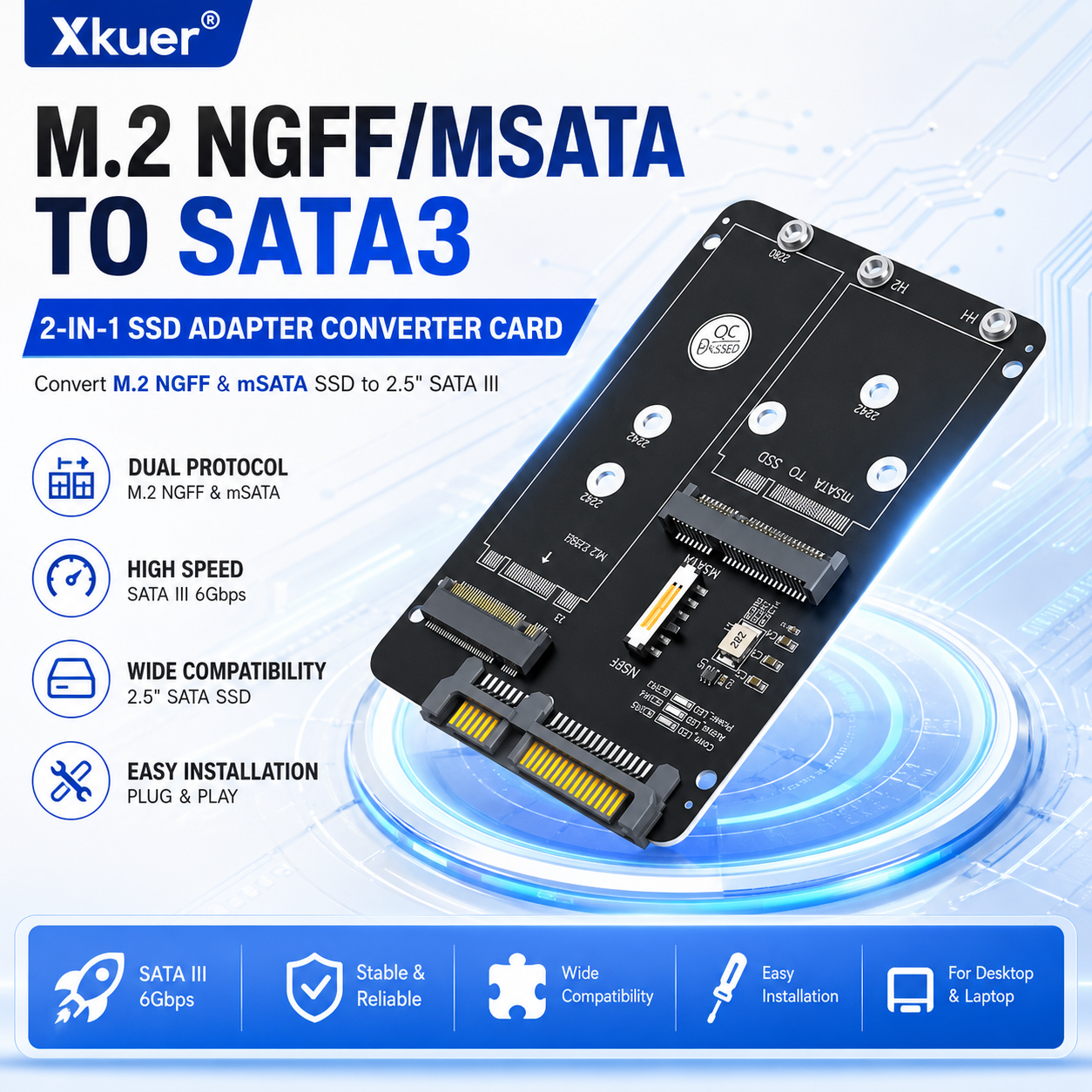 Xkuer M.2 NGFF & mSATA to SATA III 2-in-1 SSD Adapter Converter Card