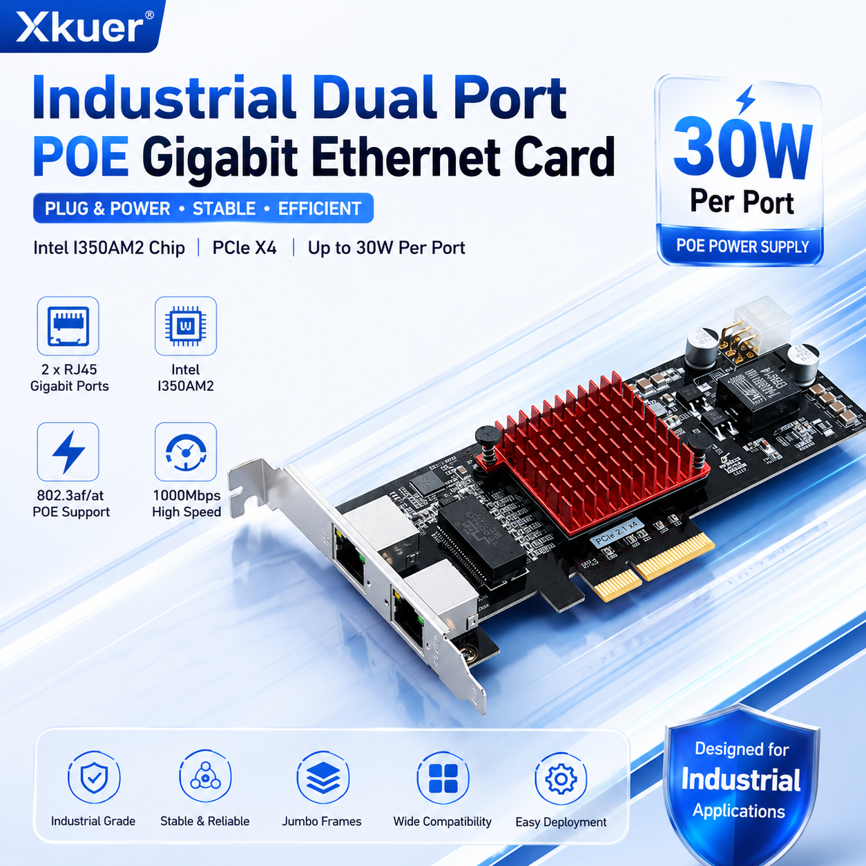 Xkuer Industrial PoE Gigabit Ethernet Card Intel I350AM2 | PCIe X4 | Dual RJ45 Ports