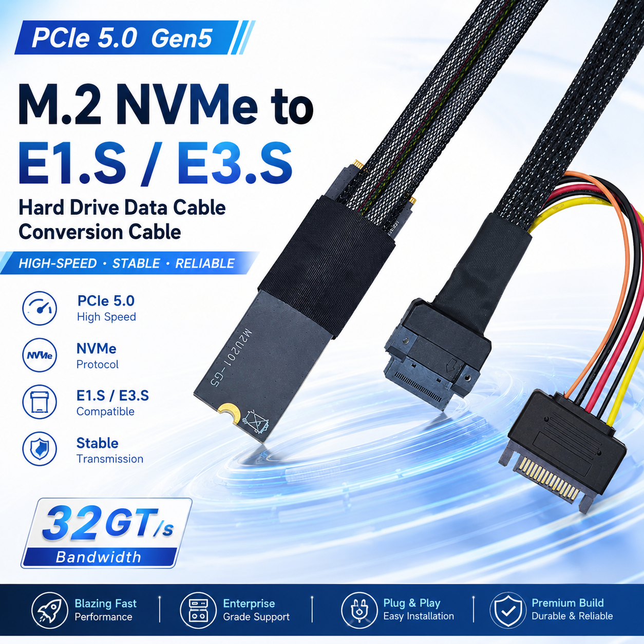 Xkuer M.2 NVMe to E1.S / E3.S SSD Cable PCIe 5.0 Gen5 High-Speed Adapter 32GT/s Enterprise Storage Solution