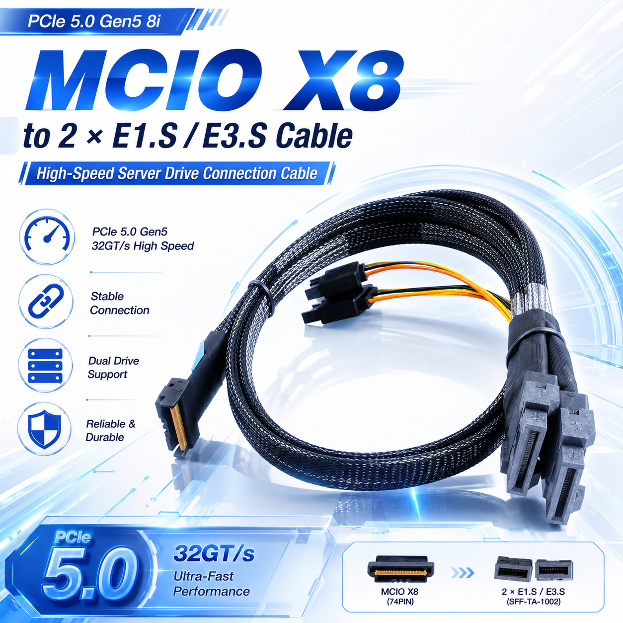 Xkuer MCIO X8 to Dual E1.S / E3.S SSD Cable PCIe 5.0 Gen5 8i High-Speed Server Storage Cable