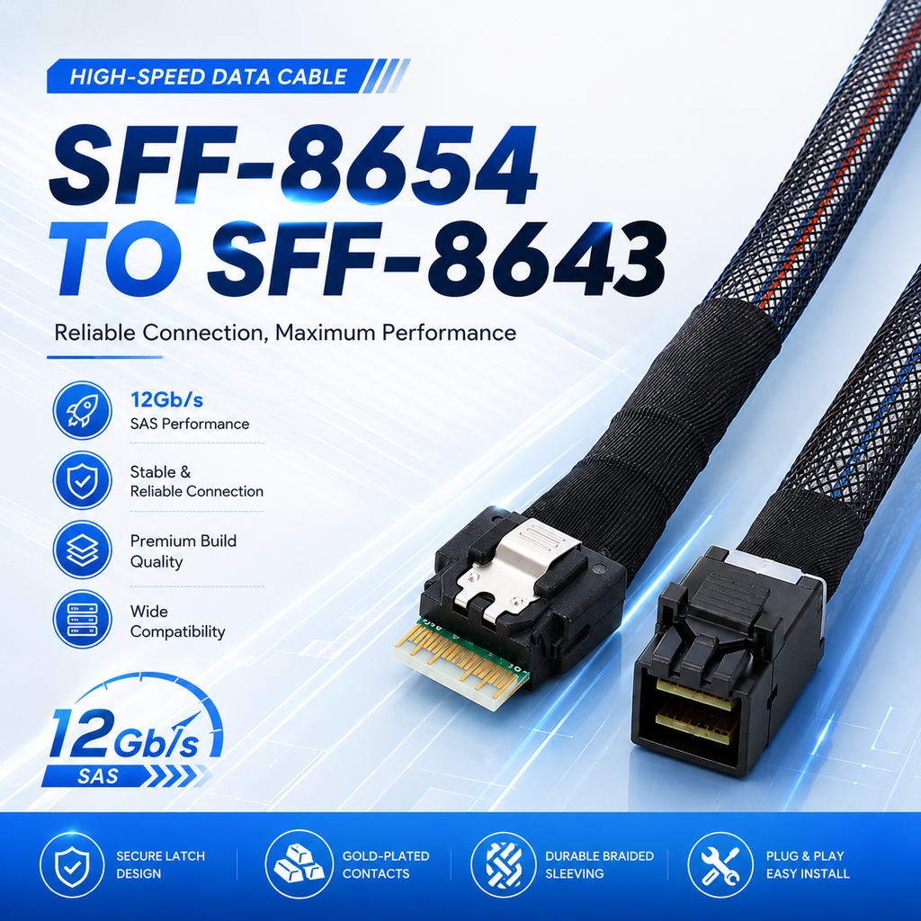 SFF-8654 to SFF-8643 SAS Cable for Servers RAID Controllers NAS Storage and Data Centers