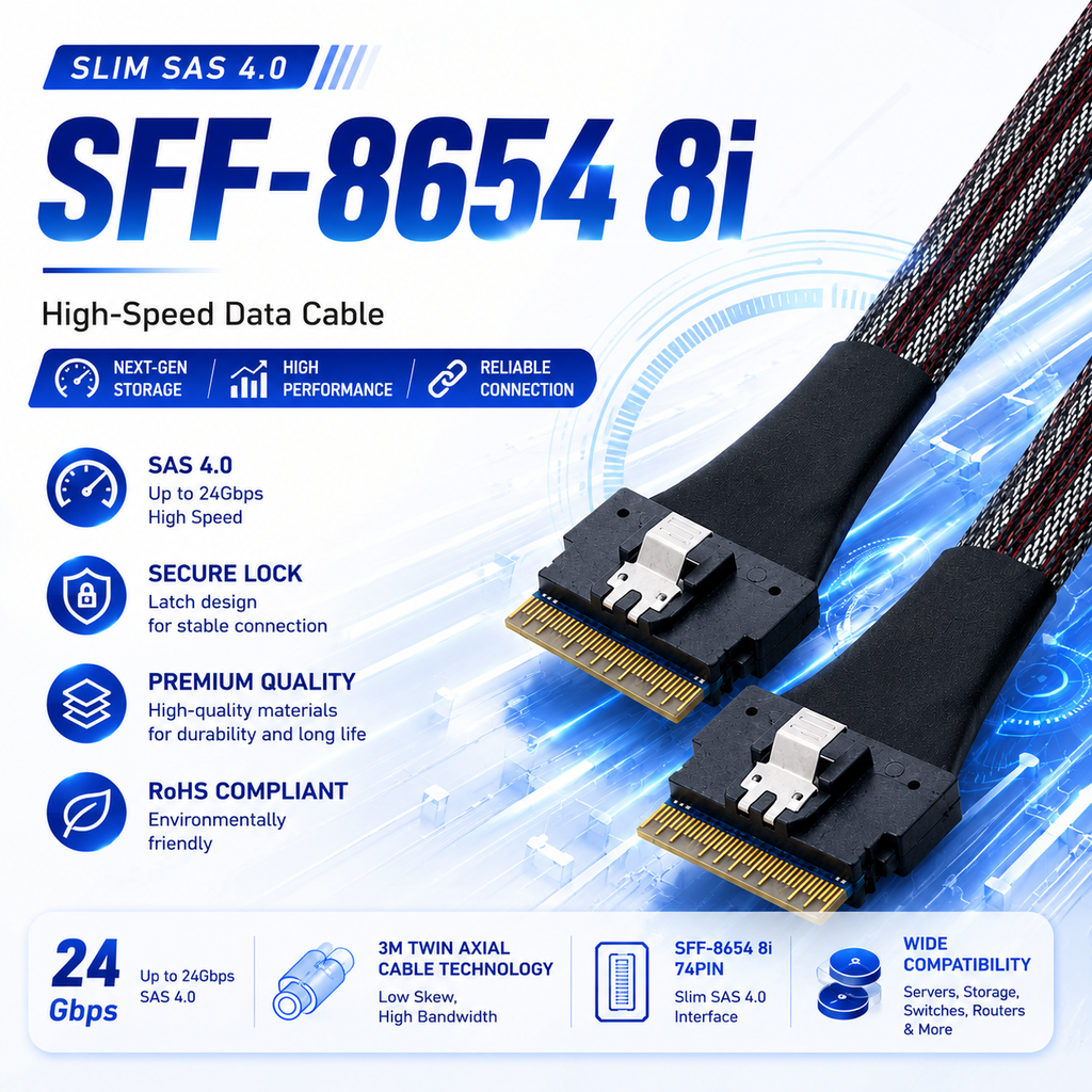 SFF-8654 8i SAS 4.0 Cable for Servers NVMe Expansion RAID Systems and Data Centers