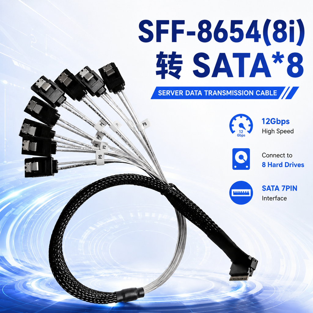 Xkuer SFF-8654 (8i) to SATA x8 Server Data Transmission Cable for High-Speed RAID Storage Systems