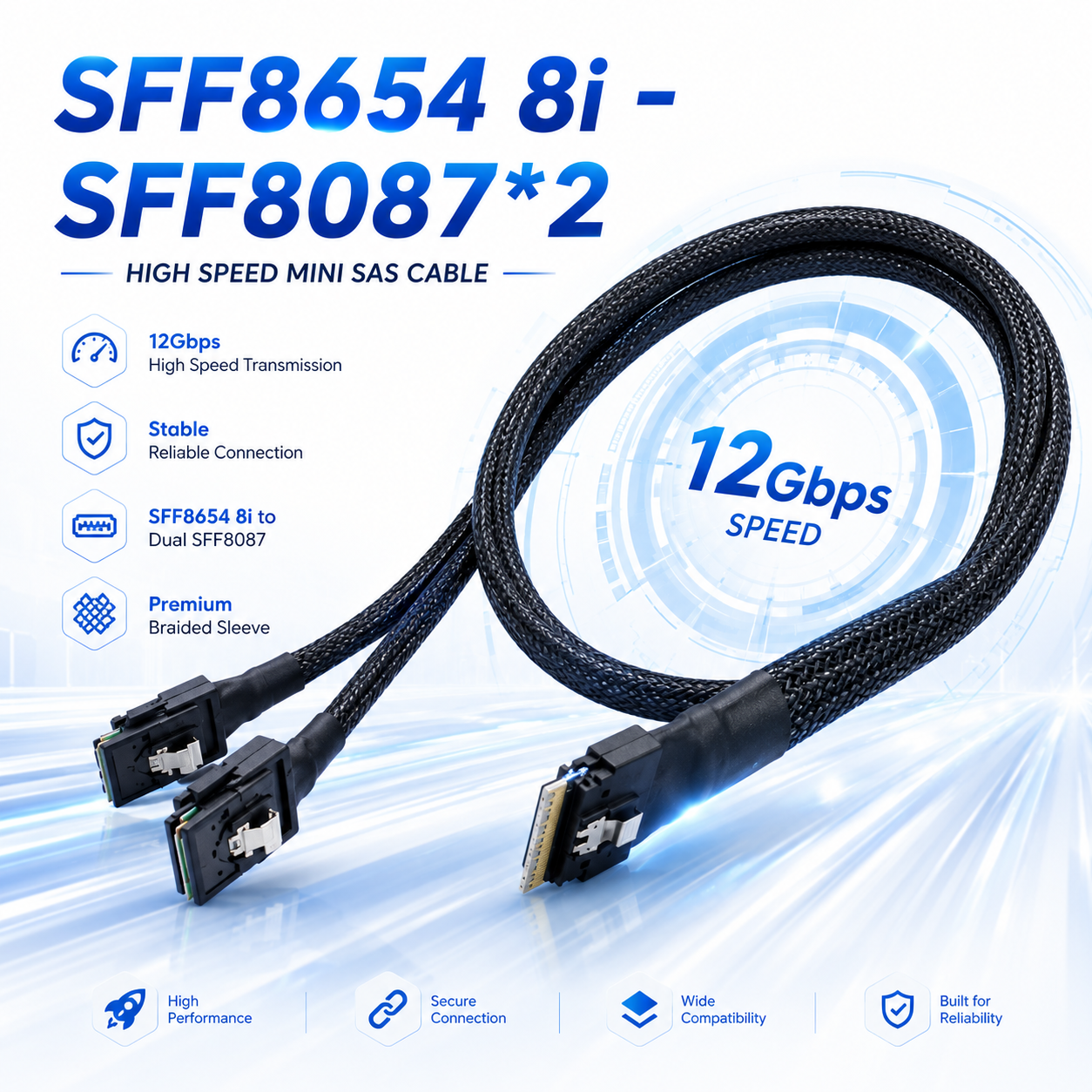 Xkuer SFF8654 8i to 2× SFF8087 High-Speed Mini SAS Cable
