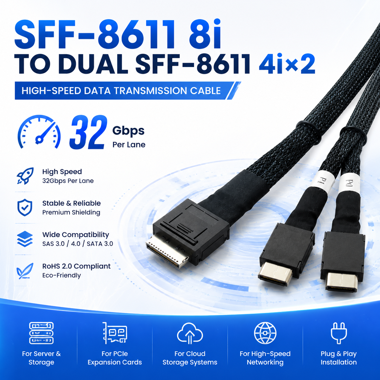 Xkuer SFF8611 8i to 2×4i Splitter Cable High-Speed Cable