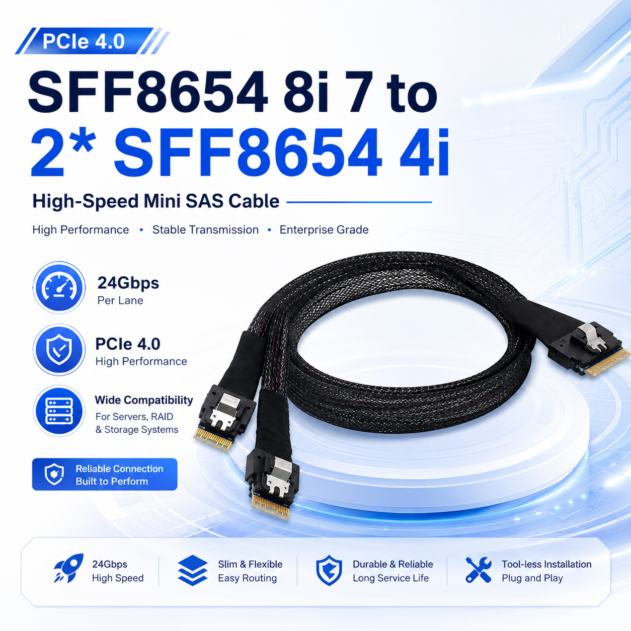 Xkuer SFF8654 8i to 2×SFF8654 4i PCIe 4.0 High-Speed Mini SAS Cable – 24Gbps, Reliable & Flexible