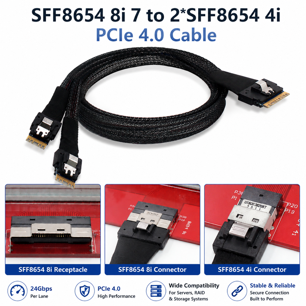Xkuer SFF8654 8i to 2×SFF8654 4i PCIe 4.0 High-Speed Mini SAS Cable – 24Gbps, Reliable & Flexible