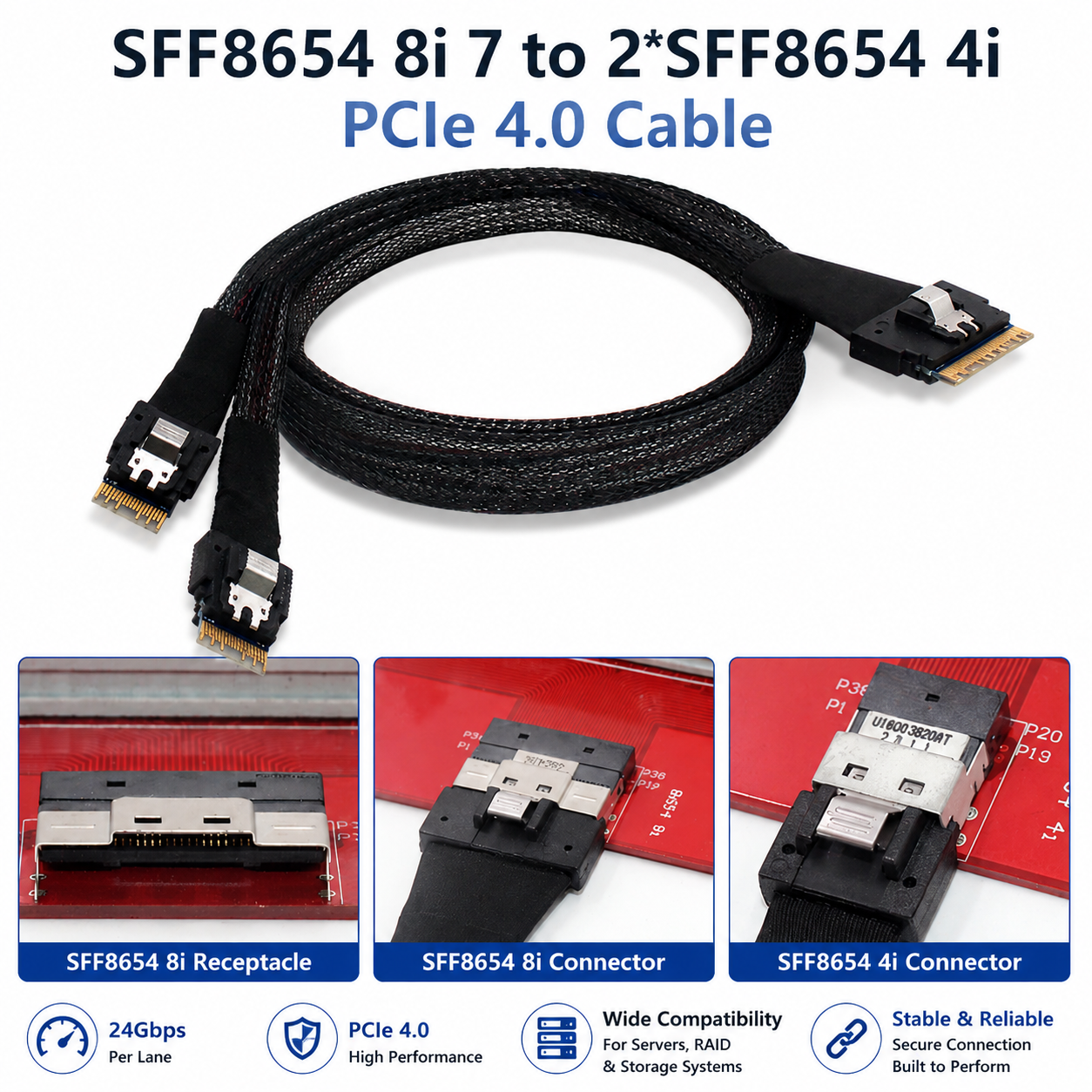 Xkuer SFF8654 8i to 2×SFF8654 4i PCIe 4.0 High-Speed Mini SAS Cable – 24Gbps, Reliable & Flexible