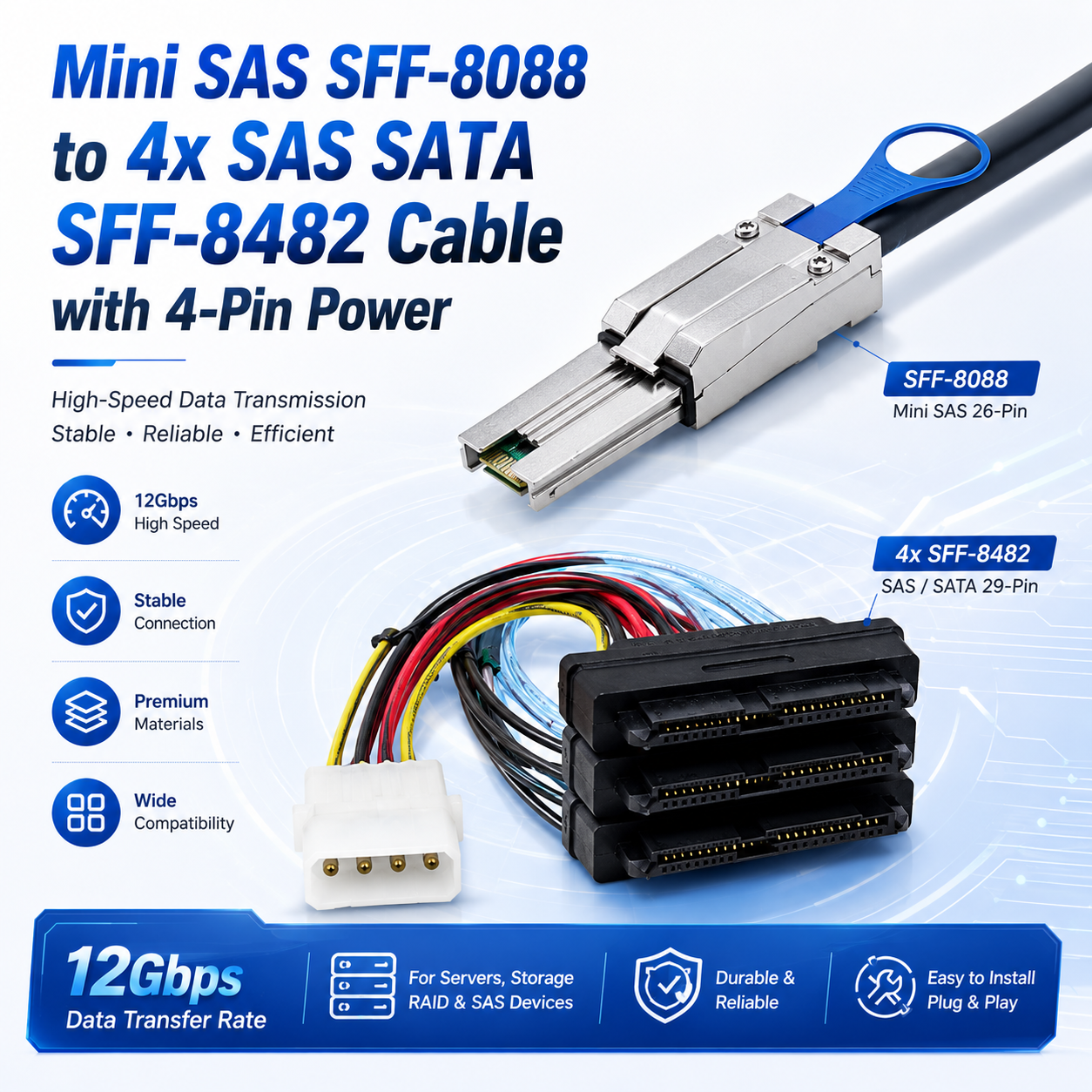 Xkuer Mini SAS SFF-8088 to 4x SFF-8482 SAS Cable with 4-Pin Molex Power, 12Gbps Data Transfer