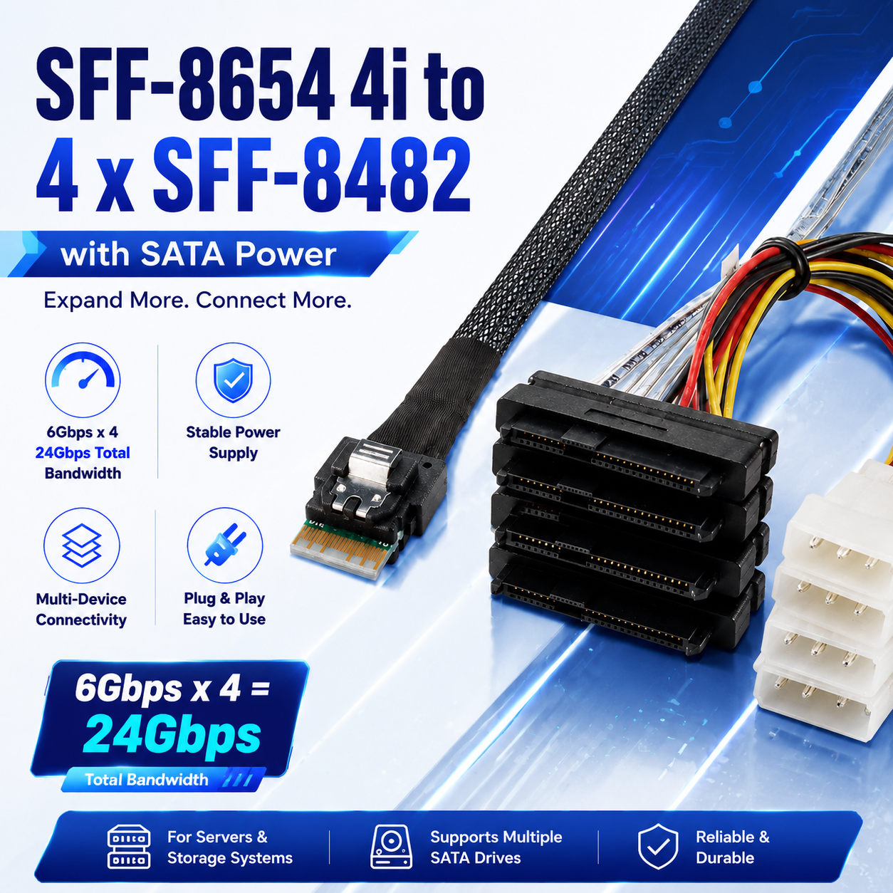 Xkuer SFF-8654 4i to 4x SFF-8482 Cable with SATA Power 12Gbps Mini SAS HD to 4 SAS/SATA Drives